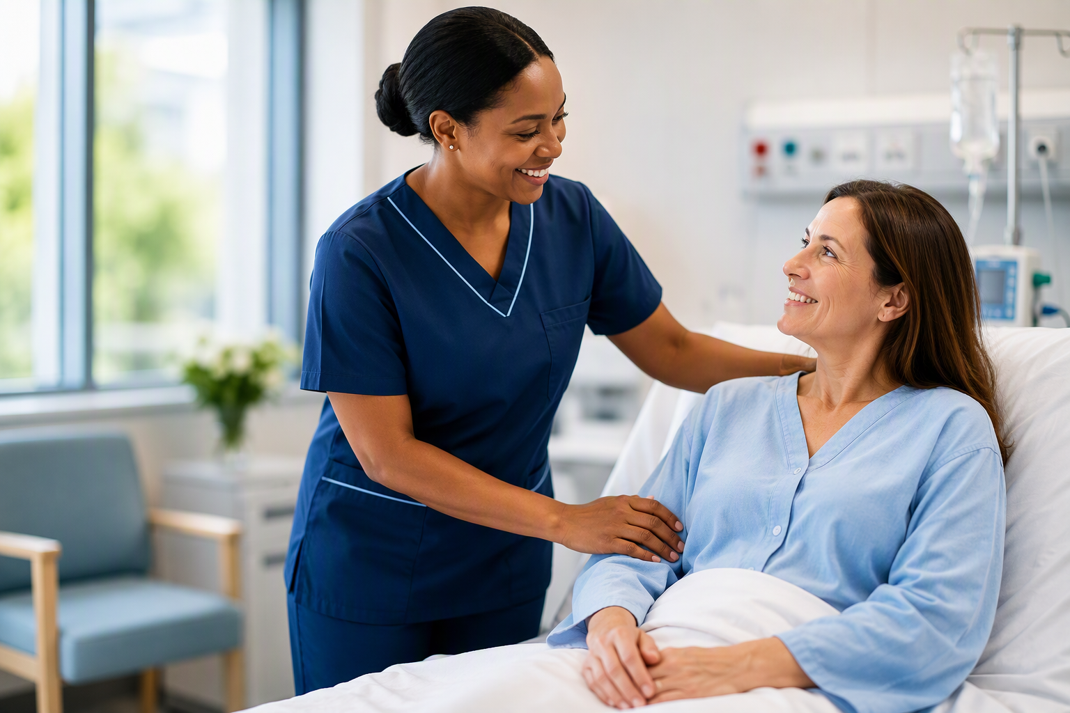 Healthcare professional assisting a patient in a modern day hospital setting that has received a medical aid co-payment discount